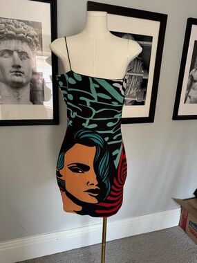 SHEIN Black Mini Slip Dress with Teal, Orange & Red Pop-Art Print